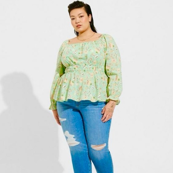 TORRID Clip Dot Blouse 100% Cotton Smocked Square Neckline Long Sleeve Lined - Picture 9 of 13